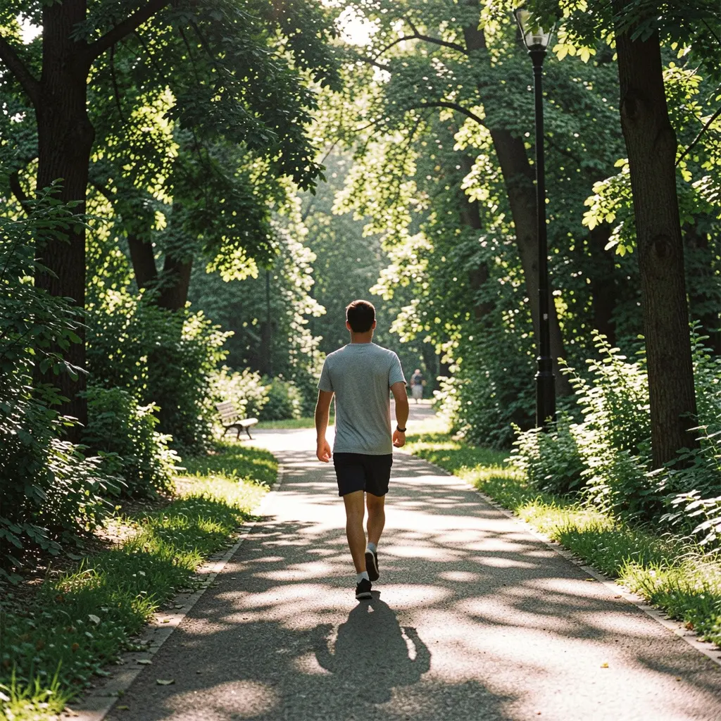 Person walking briskly along a sunlit park path surrounded by greenery