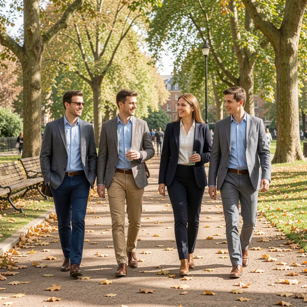 Group of colleagues walking together through a London park during a lunch break